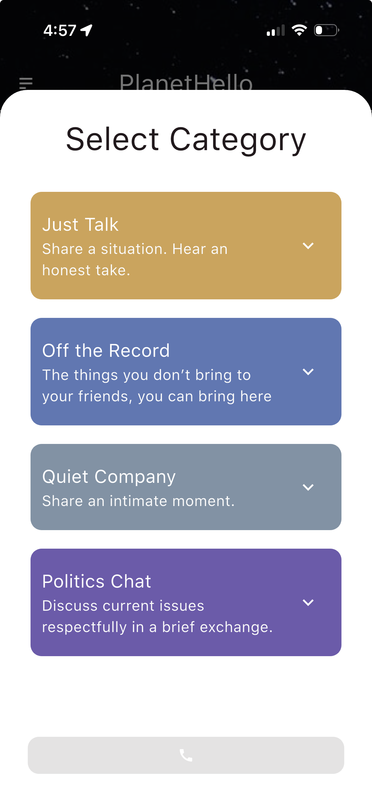 App screen for selecting a conversation category: Just Talk, Off the Record, Quiet Company, Politics Chat
